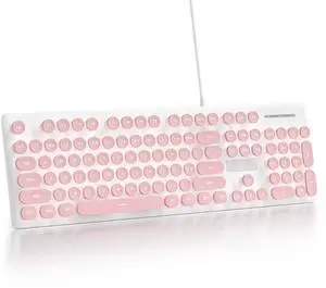 surmen Cute Quiet Keyboard Pink Wired Typewriter Keyboard, Light Up Backlit PC Keyboards with Retro Round Keys Full Size 104 Keys for Office Computer (Pink)
