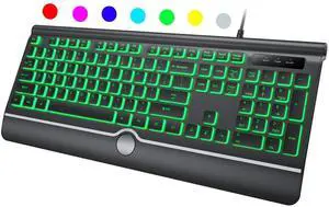 HeengYanson Backlit Computer Keyboards, Wired Light Up Keyboards with 7-Color Backlit, Wrist Rest, Illuminated Keyboard Easy to See and Type, Corded Full-Size Keyboard for Windows Desktop, Laptop, PC
