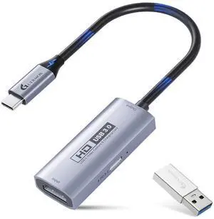 Guermok USB3.0 Video Capture Card with PD 100W, 1080P@60FPS HDMI to USB-A/C Capture Card with Type C Adapter, Streaming Devices for Oculus/Quest 3/ iPad/MacOS/Switch/ PS4 5, Silver