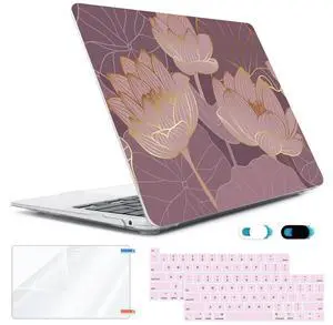 HOHAIYOO Compatible with MacBook Pro 13 inch Case M2 2023 2022 2021-2016 A2338 M1 A2251 A2289 A2159 A1989 A1706, Plastic Hard Shell Case&Keyboard Cover&Screen Protector&Webcam Cover, Lotus