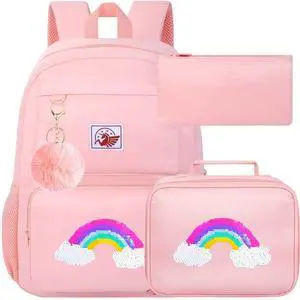 3PCS Girls Backpack, Water Resistant Aesthetic Bookbag with Lunch Box, 18 Inch Cute Anti Theft School Bag Set for College Teenagers Senior Junior Elementary - Rainbow Pink