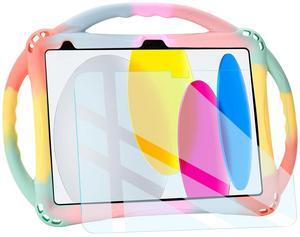 Rhswets iPad 10th Gen Kids Case 2022 with Tempered Glass Screen Protector, Silicone Shockproof Case for iPad 10.9 inch (Rainbow)