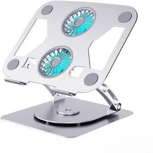 HJJSZJ01 Desktop Laptop Stand with Dual Cooling Fan and 360°Swivel Base, Ergonomic Carbon Steel Stand, Dual Swivel Axles Fully Fordable for Easy Storage, Compatible with Laptops and Tablets, Silver