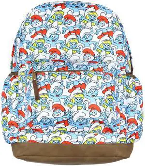 The Smurfs Backpack Papa Smurf and Smurfette Allover Collage Design Laptop Tech Sleeve School Book Bag Daypack