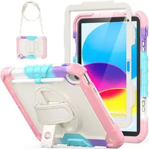 HXCASEAC Case for iPad (A16) 11th/10th Generation 2025/2022, with Pencil Holder, Screen Protector, Hand Strap, Durable Shockproof for Kids iPad 11 Case 10.9 11'' A2696/A3354/A3355, Rainbow Pink