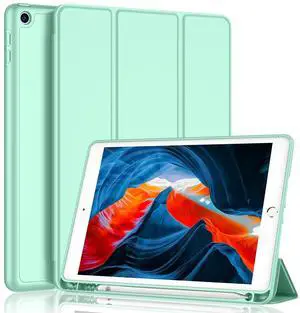 iMieet iPad 9th Generation Case 2021/iPad 8th Generation Case 2020 10.2 Inch with Pencil Holder, iPad 7th Gen 2019 Case with Soft Baby Skin Silicone Back, Auto Wake/Sleep Cover(Light Green)