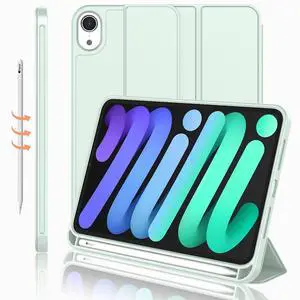 iMieet iPad Mini 7 Case 2024 (A17 Pro), iPad Mini 6 Case (8.3-Inch,2021 Model), iPad Mini 7th/6th Generation Case with Pencil Holder, Trifold Stand Smart Case with Soft TPU Back,Pale Green