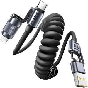 Coiled Black Cable 4-in-1 USB C to Lightning Cable 240W Fast Charging & Data Transfer, Support to Apple CarPlay & Android Auto, 5FT Travel Multi Cord Charger Combo for iPhone/iPad/MacBook