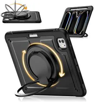KAIJIAbox Case for iPad Pro 11 Inch M4 2024,Lightweight Shockproof Drop-Proof Cover,360deg Rotating Handle Stand,Adjustable Shoulder Strap&Pencil Holder (Black)