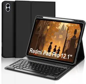 IVEOPPE for Redmi Pad Pro Keyboard with Case for Xiaomi Redmi Pad Pro 12.1 inch 2024/Xiaomi Poco Pad 12.1" PU Leather Cover Detachable Bluetooth Wireless Keyboard with Pencil Holder,Black