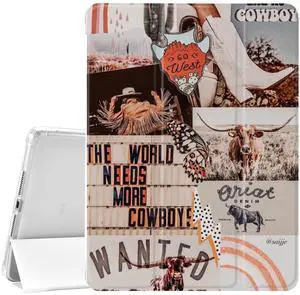 JOYLAND West Cowboy Pad Case for iPad 5th/6th Generation Cool Girl Anti-Scratch Lightweight with Pencil Holder Trifold Stand Case Soft TPU Cover(Model Number:A1822 A1823 A1893 A1954)