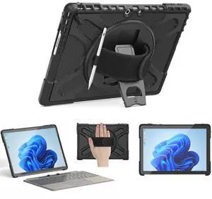 Junfire Shockproof Case for Microsoft Surface Go4/ Surface Go3/ Surface Go2, Protective 10.5 Inch Case with Hand Strap/360degRotating Kickstand/Stylus Holder, Compatible with Type Cover Keyboard-Black