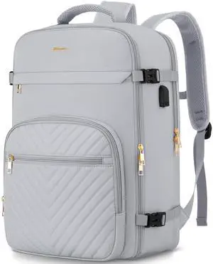 KROSIAS Travel Backpack for Women, Carry On Backpack for Airplanes Flight Approved, Waterproof Large Weekender Overnight Bag Fit 17 Inch Laptop with USB Charging Port, Grey
