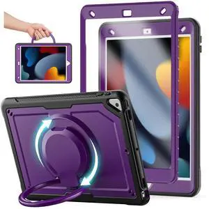KAIJIAbox Case for iPad 10.2 Inch 9th/8th/7th Generation 2021/2020/2019,Lightweight Cover,360deg Rotating Handle Stand,Adjustable Shoulder Strap&Pencil Holder(Purple)