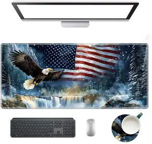 KUJKBFWJ Large Gaming Mouse Pad with Cup Coaster Set, XXL Mousepad Large Desk Pad with Non-Slip Base, Extended Mousemat with Stitched Edges, 35.4 x 15.7 in, Flag and Eagle