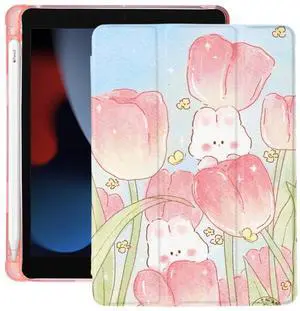 Cute Kawaii Bunny Flower for iPad (A16) 11th Generation Case 11 Inch 2025, for iPad 10th Generation Case 10.9 Inch 2022 with Pencil Holder, Auto Sleep/Wake, Pink Leather Soft TPU Back Cover