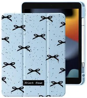 Cute Black Bow for iPad (A16) 11th Generation Case 11 Inch 2025, for iPad 10th Generation Case 10.9 Inch 2022 with Pencil Holder, Auto Sleep/Wake, Blue Leather Clear Acrylic Back Cover