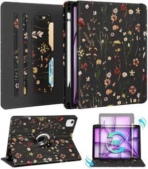 Kidcube for iPad Air 13 Inch Case M3 2025/M2 2024/for iPad Pro 12.9 Cases 6th/5th (2022/2021) - Women Girls Cute Rotating Stand Folio Cover with Pencil Holder & Card Slot Flowers Floral Unique Cover