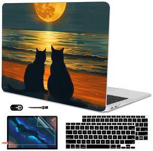 LCMOCICO Compatible with MacBook Air 13 inch Case M1 A2337 A2179 A1932 2021 2020 2019 2018 Release with Retina Display & Touch ID, Printed Pattern Plastic Hard Shell Case Cover, Cat Watching Moon