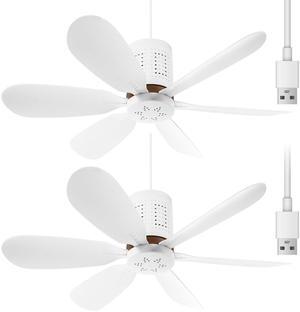 Kittmip 2 Set Small Portable USB Powered Ceiling Fan Mini Silent Six Blades Camping Hanging Fan USB Plug In, 5.58ft Long Cord for Camping Bedroom Office Living Room Tent Canopy