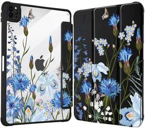 LCMOCICO for iPad Pro 11 Inch Case M4(2024, 5th Gen), Shockproof Hard Clear Back Soft TPU Frame Cover Slim Trifold Stand Smart Case [Built-in Pencil Holder,Auto Sleep/Wake], Tropical Blue Flowers