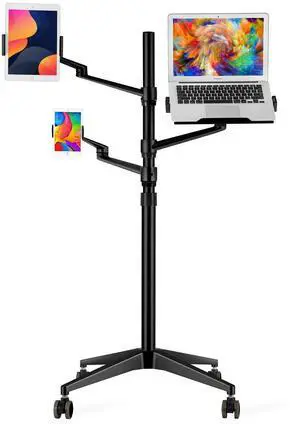 MagicHold Triple arm Height Adjustable Stand Mount with Rolling Wheel for Laptop(11-17 inch) and Compatible with ipad iPad pro 12.9 inch/Tablet/Ereader (Black)