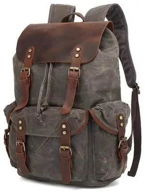 Genuine Leather Canvas waxed Backpack Travel Rucksack Laptop Bag