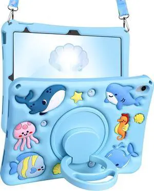 LISEVO for iPad 10th Generation Case 10.9 Inch 2022, for iPad A16 Case 11th Generation - Girls Boys Cute Kawaii Girly Cover 3D Cartoon Ocean Design with Rotating Stand & Strap Silicone Blue Cases