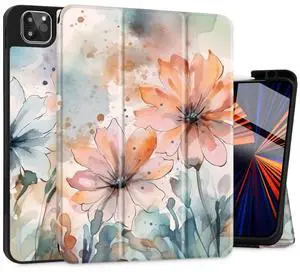 May Chen Case for iPad Pro 11-inch 2024 5th Generation M4 Chip, [Built Pencil Holder 2/USB-C] Soft TPU Back Cover with Trifold Stand Support Auto Wake/Sleep, Flowers Paint
