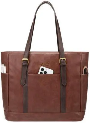 LOVEVOOK Laptop Tote Bag for Women,Vintage Leather Work Tote Bag for Women, 15.6 Inch Computer Briefcase Bag,Waterproof Teacher Business Office