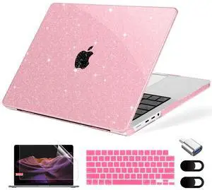MecBevia Case for MacBook Pro 14 inch 2025-2021 M4 M3 M2 M1 A3112 A3185 A3401 A2918 A2992 A2779 A2442, Plastic Hard Shell, Keyboard Cover, Screen Protector, Webcam Cover, Type-C Adapter, Sparkly Pink