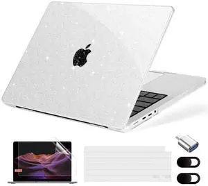 MecBevia Case for MacBook Pro 14 inch 2025-2021 M4 M3 M2 M1 A3112 A3185 A3401 A2918 A2992 A2779 A2442, Plastic Hard Shell, Keyboard Cover, Screen Protector, Webcam Cover, Type-C Adapter, Sparkly Clear