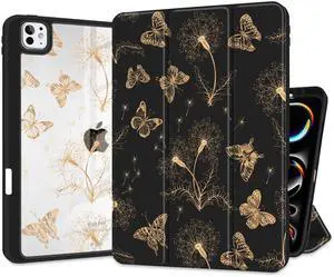MEEgoodo Cover for M4 iPad Pro 11 inch Case 2024, Tablet Cases with Transparent Acrylic Back Shell +Trifold Stand + Pencil Holder + Auto Wake/Sleep, Butterflies & Dandelions