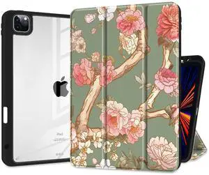 MEEgoodo for iPad Pro 11 inch Case M2 4th/3rd/2nd/1st Generation 2022 2021 2020 2018, Soft Cover with Acrylic Transparent Back Shell, Tablet Case with Pencil Holder+Auto Wake/Sleep, Trees & Rose