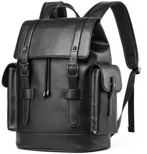 MATE ELAN Leather Backpack Waterproof Fit 15.6 Inch Laptop Vintage Drawstring Design Large Capacity Travel Sports Outdoor Casual Black Men Women College Backpack
