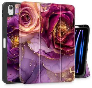 Mektron Case for 2025 iPad 11 inch A16 11th Generation Fit iPad 10th Generation 10.9 inch 2022, Tablet Cover with Trifold Stand + Pencil Holder + Auto Wake/Sleep + TPU Back Cover, Marble Flowers