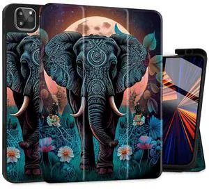 May Chen Case for iPad Pro 11-inch 2024 5th Generation M4 Chip, [Built Pencil Holder 2/USB-C] Soft TPU Back Cover with Trifold Stand Support Auto Wake/Sleep, Elephant