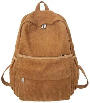 MININAI Preppy Corduroy Backpack Aesthetic Backpack 15.6 inch Laptop College Backpack Cute Book Bag Travel Rucksack Daypack (One Size,Brown)
