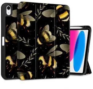 MEEgoodo Case for iPad A16 11th Generation 11 inch 2025/iPad 10th Generation 10.9 inch 2022, Tablet Cover with Trifold Stand + Pencil Holder + Auto Wake/Sleep + Soft TPU Back Cover, Bumblebee & Leaves