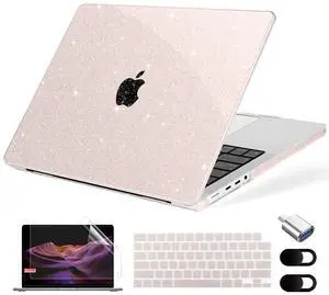 MecBevia Case for MacBook Pro 14 inch 2025-2021 M4 M3 M2 M1 A3112 A3185 A3401 A2918 A2992 A2779 A2442, Plastic Hard Shell&Keyboard Cover&Screen Protector&Webcam Cover&Type-C Adapter, Sparkly SakuPink