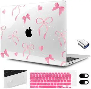 MEEgoodo for MacBook Air 13.3 inch Case 2021 2020 2019 2018 A2337 M1 A2179 A1932, Laptop Shell for MacBook Air M1 with Keyboard Webcam Cover & Trackpad Film & Type C Adapter,Pink Ribbons Bows