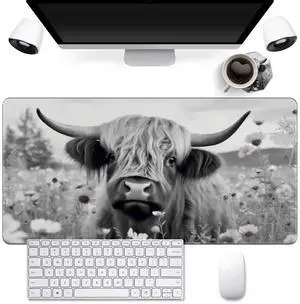 Highland Cow Ox Cattle Mouse Pad & Coasters, 15.7"x31.4" with Non-Slip Black Rubber Base, for Gaming, Office & Home, Washable