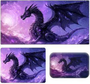 Desk Pad, Large Game Mouse Pad + Small Mouse Pad + Wrist Rest,Ergonomic Mouse Pad,Table Mat with Stitched Edge,Anti-Slip,Memory Foam Desk Mat for Home Office Gaming(23.6x11.8in),Purple Dragon