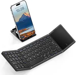 kidopire Foldable Bluetooth Keyboard with Touchpad, Wireless Folding Portable Keyboards with Stand Holder, Ultra Slim Travel Keyboard for Android Windows iOS Tablet, Pocket-Sized, Black