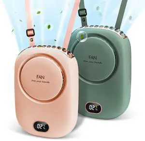 PiKaPiKaP 2 Pack Portable Neck Fan, Hanging Neck Fan Hands Free with Adjustable Lanyard and Bracket, USB Rechargeable Bladeless Mini Fans Portable (Pink+Green)
