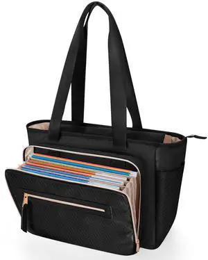 Prokva Teacher Tote Bag for Women, Teacher Work Bag 15.6 inch Laptop Bag with Accordion File Organizer, Black