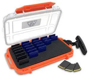 SD Card Holder by Proven Wild | Durable, Waterproof SD Card Case | SD Card Holder Case Holds 35 SD Cards Upright | Standard Memory Card Holder for DSLR & Trail Camera SD Cards, (Orange)