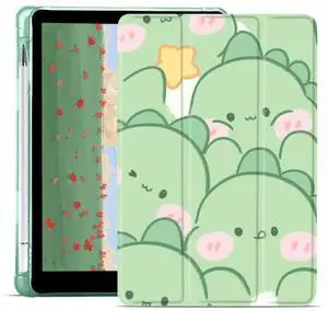 JOYLAND Cute Dinosaur Case for iPad 9th/7th/8th Generation(2021/2020/2019) 10.2", Green TPU Smart Stand Back Cover with Pencil Holder, Auto Wake/Sleep Foldable Four-Corner Shockproof Protective Case