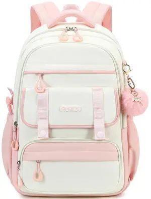 QHRIDS School Backpack for Girls, Laptop Backpack 15.6 Inch Kids Elementary Middle High School Bag Anti Theft Cute College Bookbags for Teens Girls Women Students Casual Travel Daypack,Pink Beige
