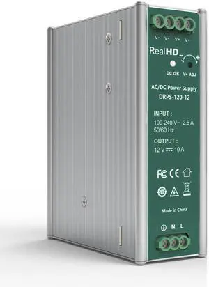 Real HD 120 Watts 12VDC 10Amp Industrial DIN Rail Power Supply Single Output (12V 120W), Size 1.7 x 4.8 x 5.1inch